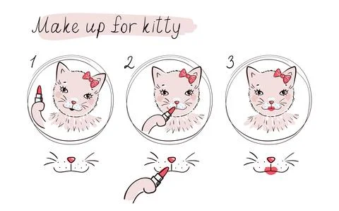 How to make a beautiful cat with makeup. How to use lipstick for kitty. Stock Illustration
