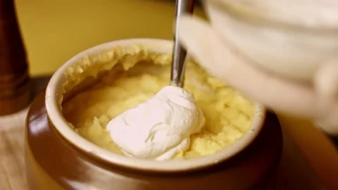 How to make creamy Mashed Potatoes with Cheddar. Recipe 4k. Follow 4 easy steps Stock Footage 153159149