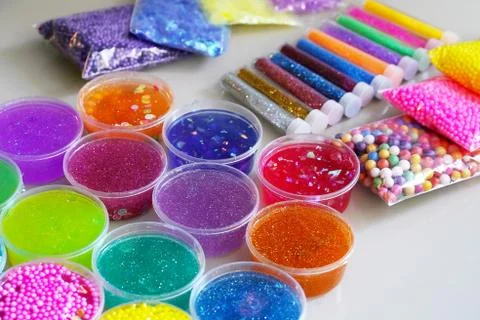 How to make fluffy slime at home, close up view. Stock Photos