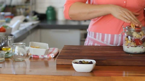 How to make Mason jar Pasta Salad Stock Footage 54837015