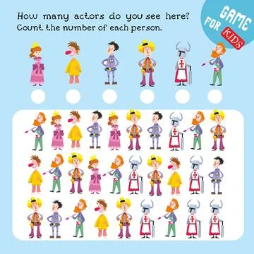 How many actors do you see here. Count the number of each person. Game for Illustrazione stock