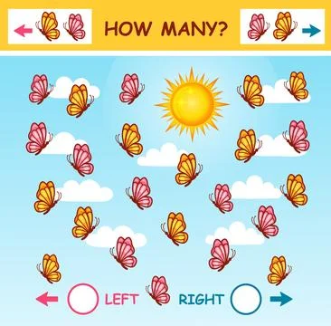 How many butterfly insect fly left, right, math children education puzzle game Stock Illustration