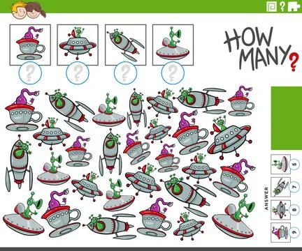 How many cartoon alien characters with ufo counting game Illustration of e... Stock Photos