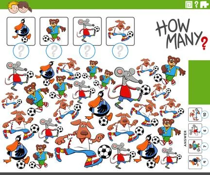 How many cartoon animals playing soccer counting game Stock Illustration