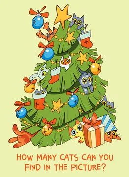 How many cats can you find in the picture. Cute Christmas puzzle Stock Illustration