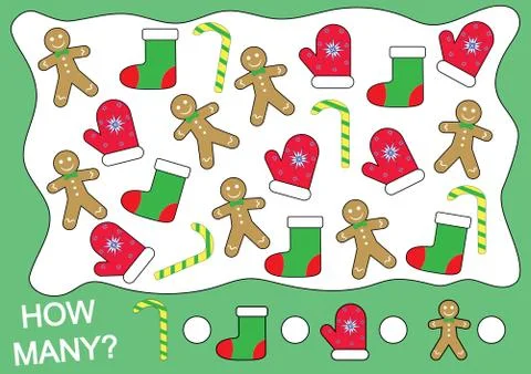 How many Christmas objects. Mathematical game for children. Learning numbers. 库存插图