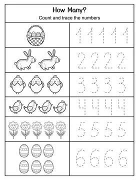 How Many count and trace the numbers Easter worksheet. Activity page Stock Illustration
