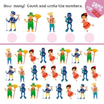 How many. Count and write the numbers. Professions and tools. Puzzle for Stock Illustration
