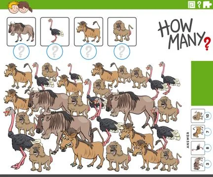 How many counting game with cartoon wild animals Stock-Illustration