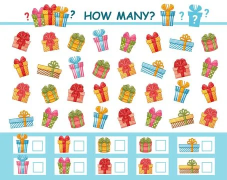 How many counting holiday present gift box. Children math education puzzle game Stock Illustration