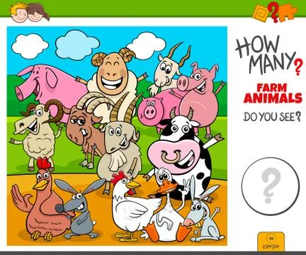 How many farm animals educational task for kids Illustrazione stock