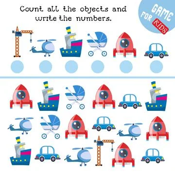 How many objects do you see here. Count and write numbers. Game for children Stockillustratie