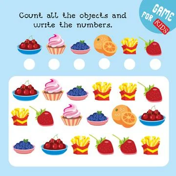 How many objects do you see here. Count and write numbers. Game for children Stockillustratie