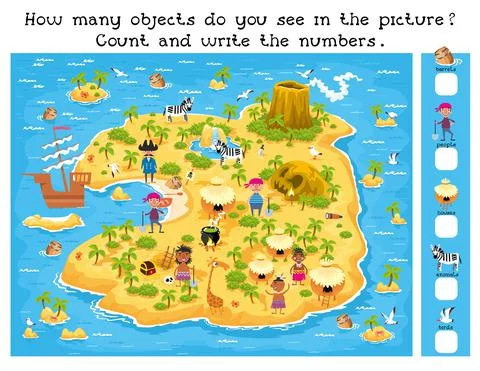 How many objects in picture. Game. math for kids. Island map with sea and palm 库存插图