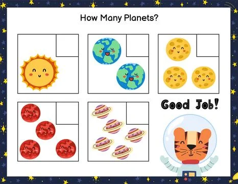 How many planet do you see. Count and write the number educational maze game for Stock Illustration