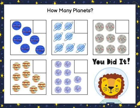 How many planet do you see. Count and write the number educational maze game for Stock Illustration