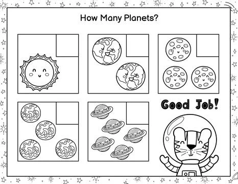 How many planets do you see. Black and white mathematics maze game for kids 库存插图