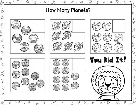 How many planets do you see. Black and white mathematics maze game for kids Stock Illustration