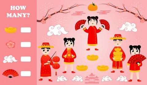 How many puzzle printable worksheet for kids with children in chinese traditi Illustrazione stock