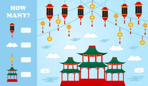 How many puzzle printable worksheet for kids with chinese building and lanter Illustrazione stock