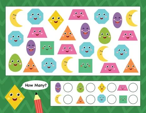 How many shapes activity page for kids. Count the shapes and write Stock Illustration