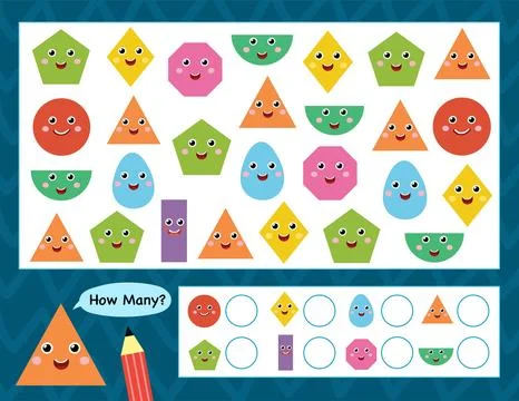 How many shapes activity page for kids. Count the shapes and write Stock Illustration