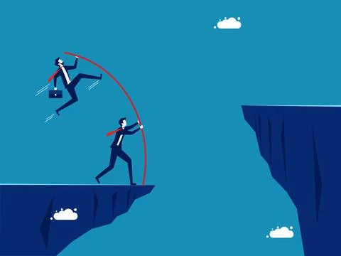 How to solve team problems. team of businessmen pole vault across a cliff gap Ilustración de archivo