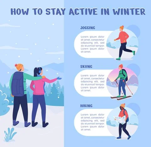How to stay active in winter flat color vector infographic template Stock Illustration