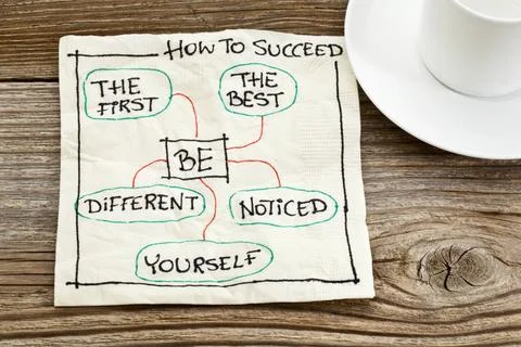  how to succeed advice how to succeed concept on a napkin - be the first, ... Stock Photos