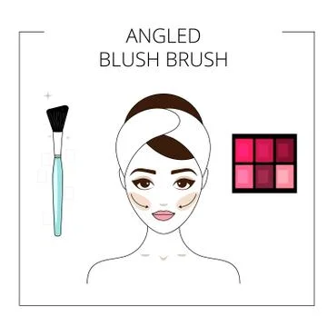 How to use angled blush brush,  blush palette. Beautiful young girl. Line sty Stock Illustration