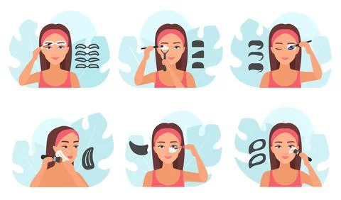 How to use makeup stencil, tutorial and infographic set, female model with Stock Illustration