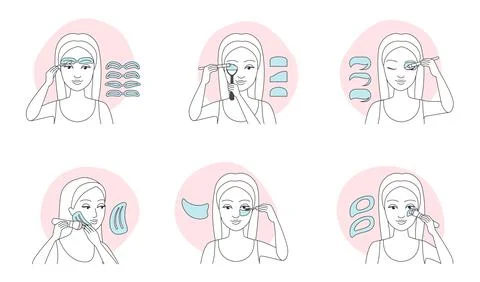 How to use makeup stencil, tutorial and infographic set, female model with Stock Illustration