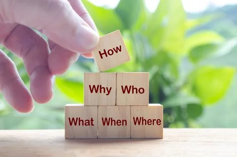 How, Why, Who, What, When and Where words on wooden cubes. Solution and bus.. Stock Photos