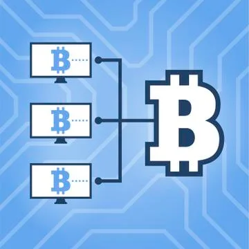 How work cryptocurrency network flat scheme illustration. Computers with Bitc Stock Illustration