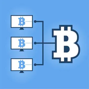 How work cryptocurrency network flat scheme illustration. Computers with Bitc Stock Illustration