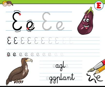 How to write letter E worksheet for kids Cartoon Illustration of Writing S... Stock Photos