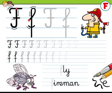 How to write letter F worksheet for kids Cartoon Illustration of Writing S... Stock Photos