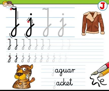 How to write letter J worksheet for kids Black and White Cartoon Illustrat... Stock Photos
