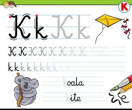 How to write letter K worksheet for kids Black and White Cartoon Illustrat... Stock Photos