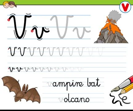 How to write letter V worksheet for kids Illustrazione stock
