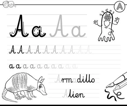 How to write letter A worksheet Black and White Cartoon Illustration of Wr... Stock Photos