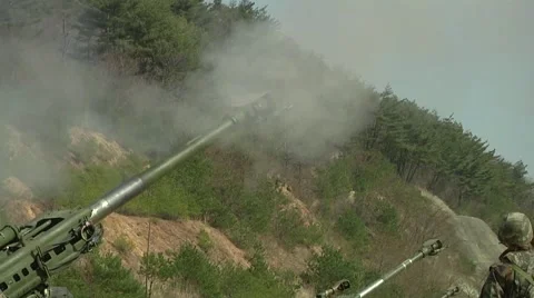 Howitzer Artillery Live Shoot - Medium shot of barrel Stock Footage 62332301