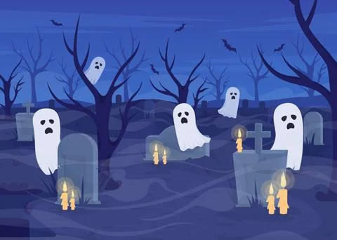 Howling ghosts in cemetery flat color vector illustration Illustrazione stock