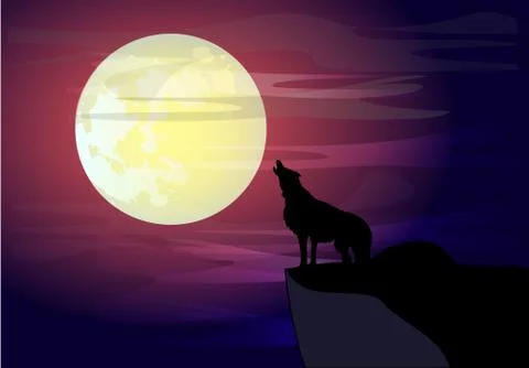 A howling wolf against the backdrop of a large moon on a ledge of a rock. Stock Illustration