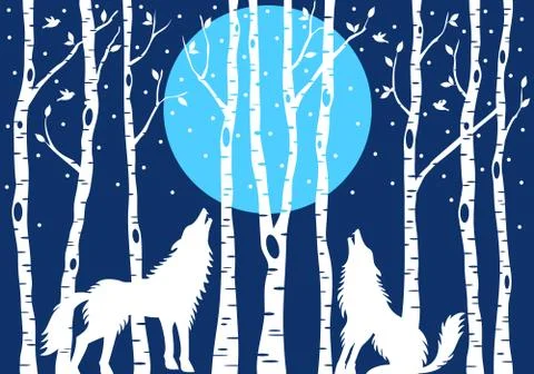 Howling wolf with birch trees, vector Stock Illustration
