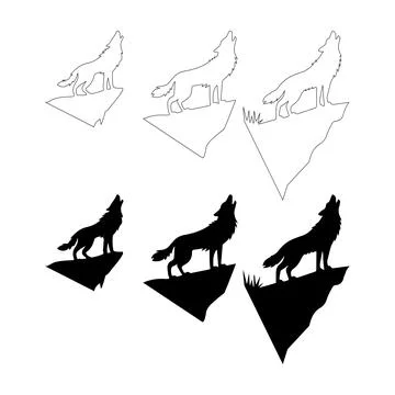 Howling Wolf on Cliff Silhouettes. Stock Illustration