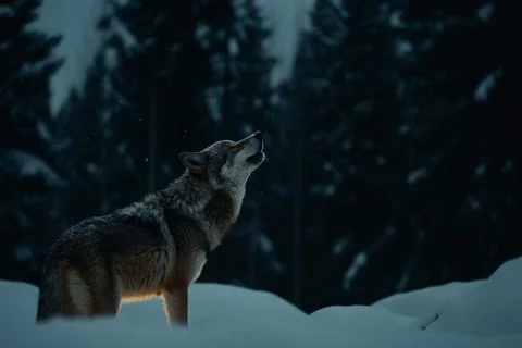 Howling wolf on dark background of forest and full moon in winter Stock Photos