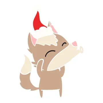 Howling wolf flat color illustration of a wearing santa hat Stock Illustration