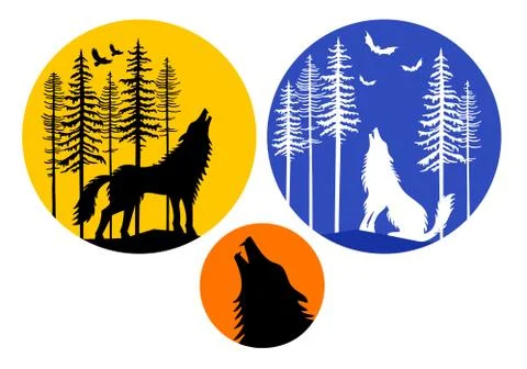 Howling wolf with moon, vector set Stock Illustration