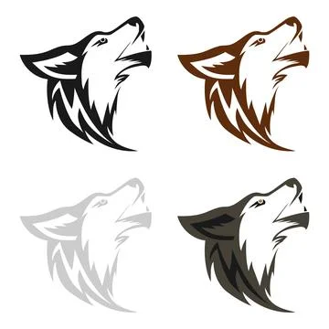 Howling wolf profile vector logo. Wild predator silhouette set. Illustrazione stock